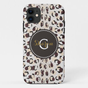 Modern chic brown cheetah print pattern monogram iPhone 11 case