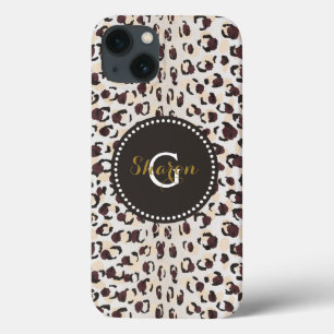 Modern chic brown cheetah print pattern monogram iPhone 13 case