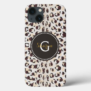Modern chic brown cheetah print pattern monogram iPhone 13 case