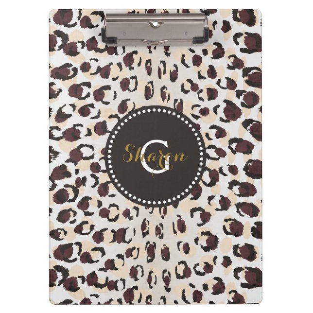Modern chic brown cheetah print pattern monogram clipboard (Front)
