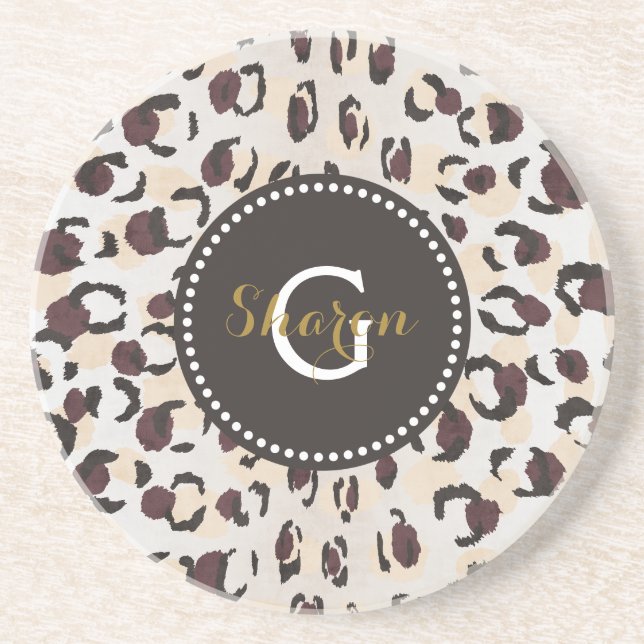 Modern chic brown cheetah print pattern monogram coaster (Front)
