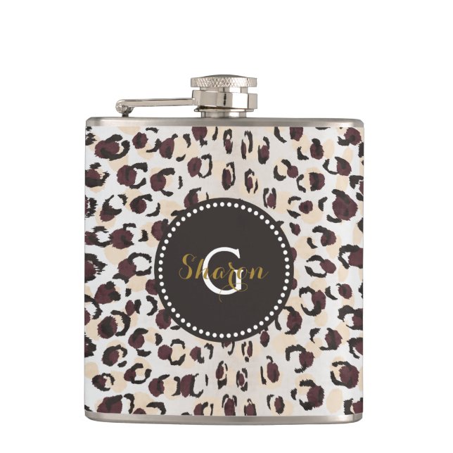 Modern chic brown cheetah print pattern monogram hip flask (Front)