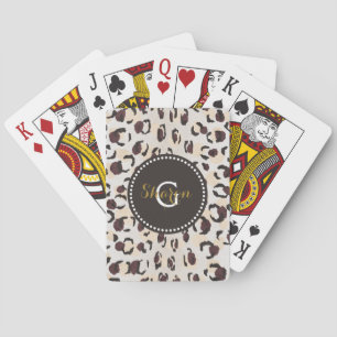 Modern chic brown cheetah print pattern monogram playing cards