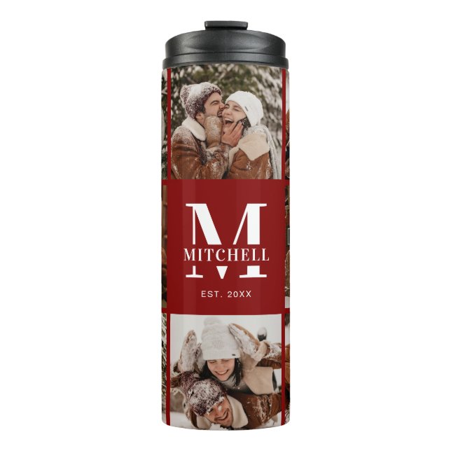 Modern Chic Burgundy Monogrammed & Photo Collage Thermal Tumbler (Front)