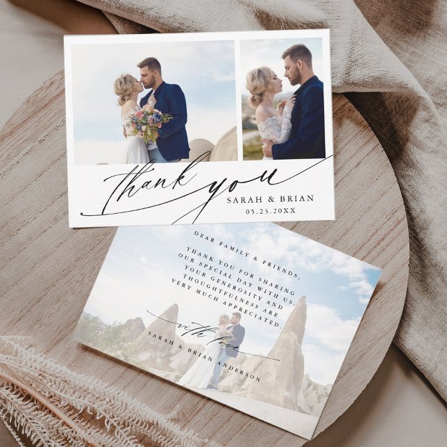 Modern Chic Calligraphy 3 Photo Wedding Thank You Card (Creator Uploaded)