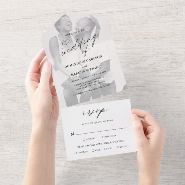 Modern Chic Calligraphy Simple Photo Wedding All In One Invitation (Tearaway)