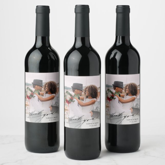 Modern Chic Calligraphy Wedding Thank You Photo Wi Wine Label (Bottles)