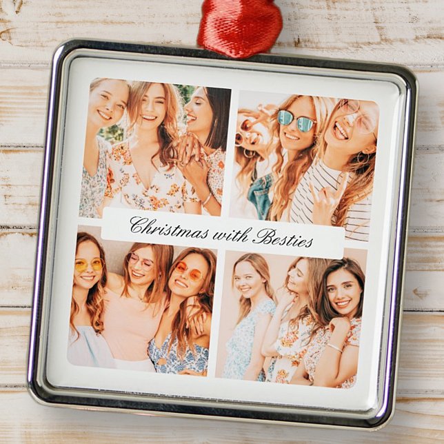 Modern Chic Christmas With Besties 4 Photo Holiday Metal Ornament (Creator Uploaded)