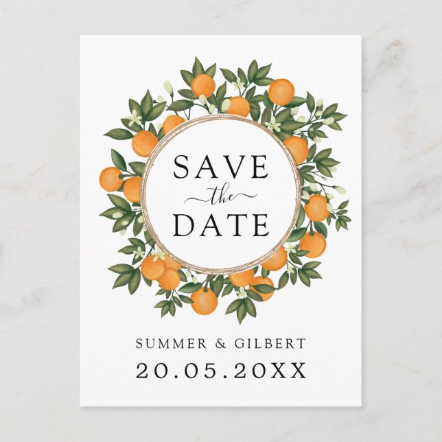 Modern Chic Citrus Orange Wedding Save the Date Announcement Postcard (Front)