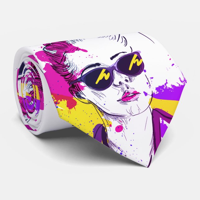 Modern Chic Colorful Hand Drawn Face Tie (Rolled)