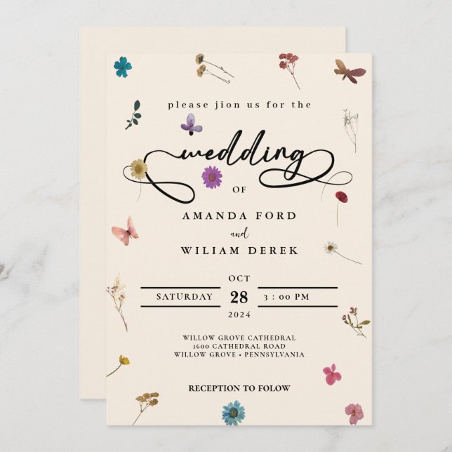 modern chic colourful cream wild flower Wedding Invitation (Front/Back)