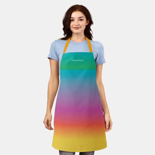 Modern Chic Colourful Rainbow Ombre Custom Name Apron (Worn)