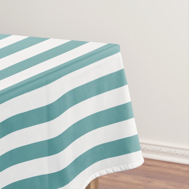 Modern Chic Cool Cadet Blue White Stripes Pattern Tablecloth (In Situ)