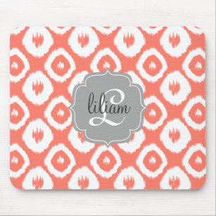 Modern Chic Coral Ikat Diamonds Personalised Mouse Pad