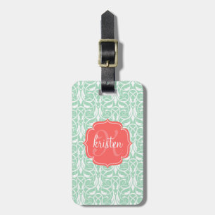 Modern Chic Coral & Mint Green Damask Personalised Luggage Tag