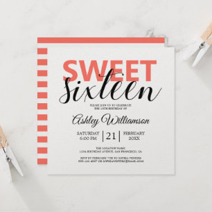 Modern Chic Coral White Stripes Sweet 16 Invitation