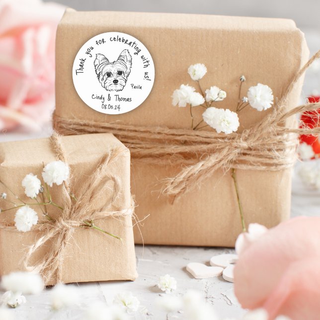 Modern Chic Custom Funny Yorkie Dog Wedding Favour Classic Round Sticker (Creator Uploaded)