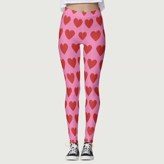 Modern Chic Cute Red Heart Pattern on Pink Leggings (Front)