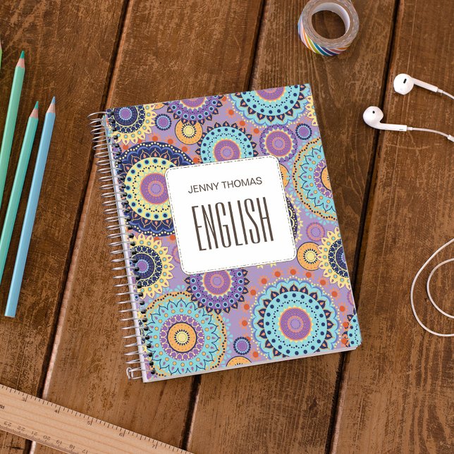 Modern Chic Cute Trendy Colourful Pattern Class No Notebook (Personalized mandala class subject notebook with colorful geometric school design.)