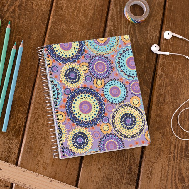 Modern Chic Cute Trendy Colourful Pattern Class Notebook (Colorful mandala spiral notebook with vibrant purple background and bold boho geometric pattern desi)