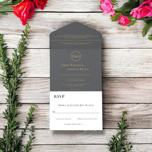 Modern Chic Dark Grey Gold Typography Wedding All In One Invitation