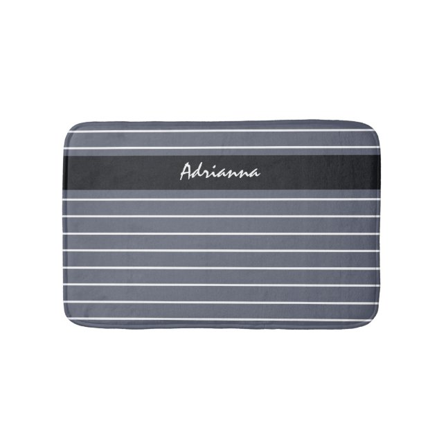 Modern Chic Dark Grey Thin Stripes With Name Bath Mat (Front)
