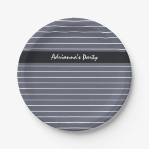 Modern Chic Dark Grey Thin Stripes With Name Paper Plate