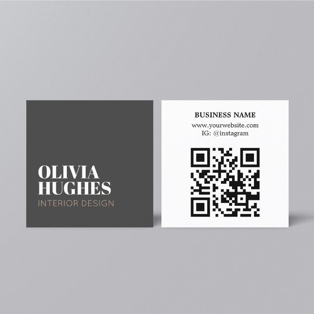 Modern Chic Dark Grey White Brown QR code Square Business Card (Creator Uploaded)