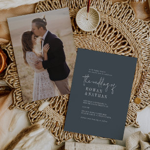 Modern Chic Dark Navy Blue Photo Back Wedding Invitation