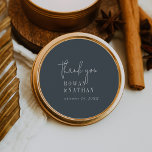 Modern Chic Dark Navy Blue Thank You Stickers<br><div class="desc">These modern chic dark navy blue thank you stickers are perfect for a simple wedding reception. The neutral boho design features rustic unique and stylish bohemian typography in a minimalist dark blue and white colour. Personalise the sticker labels with your names, and the date. These stickers can be used for...</div>