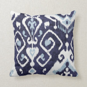 Modern chic decorative blue and white ikat pillow