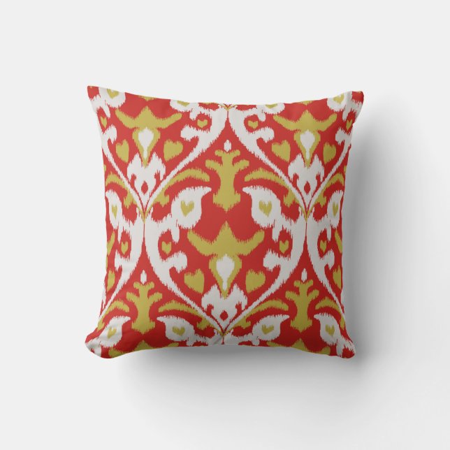 Modern chic decorative red gold beige ikat pillow (Front)