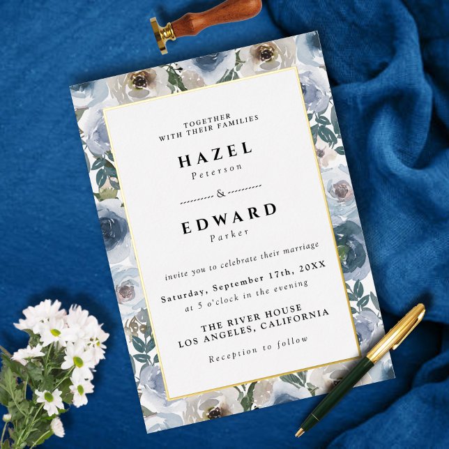 Modern Chic Dusty Blue Floral Watercolor Wedding (Modern Chic Dusty Blue Floral Watercolor Wedding Foil Invitation)