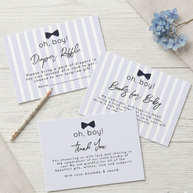 Modern Chic Dusty Blue Oh Boy Bow Diaper Raffle  Enclosure Card (Creator Uploaded)