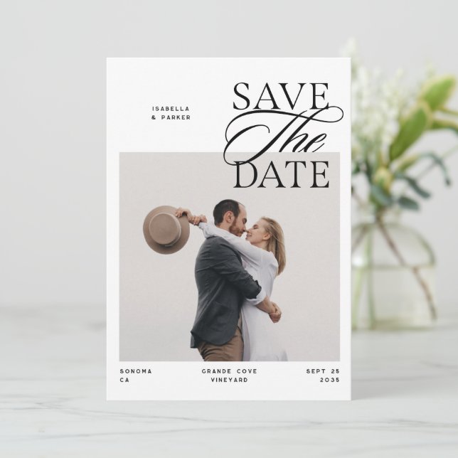 Modern Chic Editorial Script Photo Double Sided Save The Date (Standing Front)
