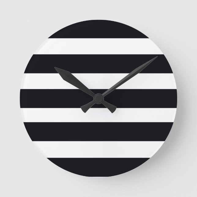 Modern Chic Elegant Black and White Striped Round Clock (Front)