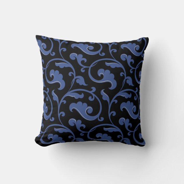 Modern chic elegant blue and black floral pillow (Front)