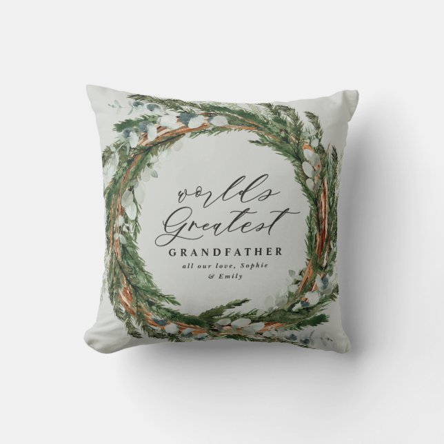 Modern chic elegant leafy wreath photo grandfather cushion (Front)