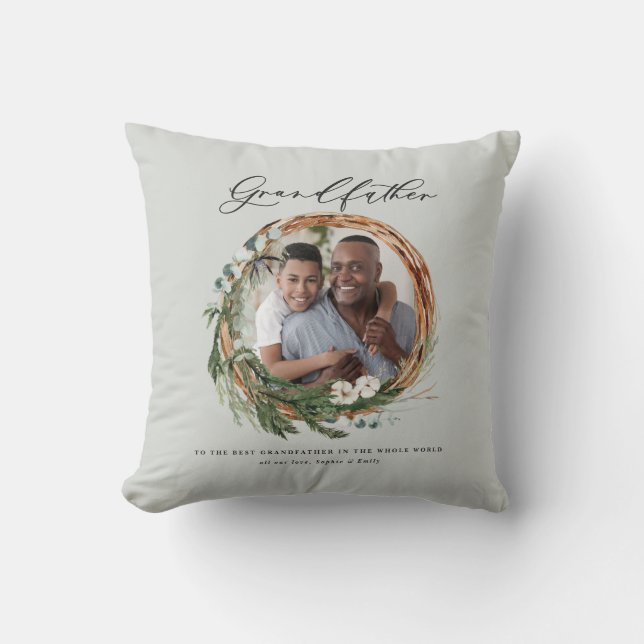 Modern chic elegant leafy wreath photo grandfather cushion (Front)