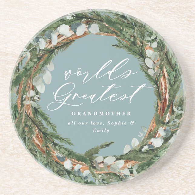 Modern chic elegant leafy wreath photo grandmother coaster (Front)