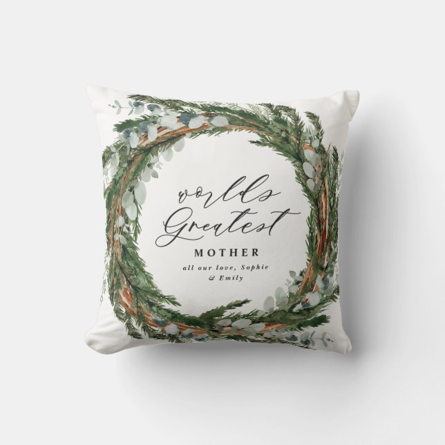 Modern chic elegant leafy wreath photo mother cushion (Front)