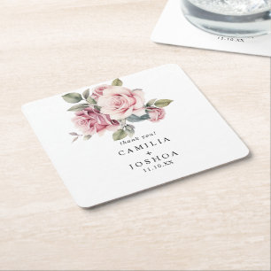 Modern Chic Elegant Romantic Pink Rose Wedding Square Paper Coaster