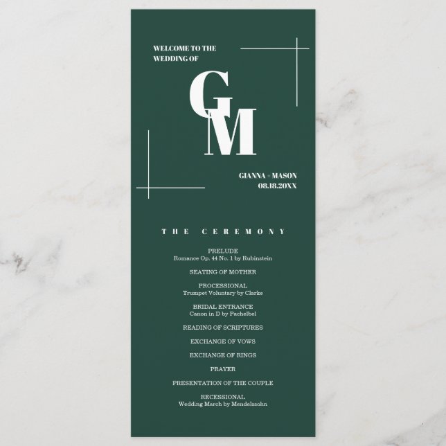 Modern Chic Emerald Green Monogram QR Code Wedding Program (Front)