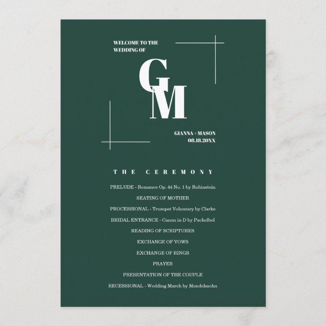 Modern Chic Emerald Green Monogram QR Code Wedding Program (Front)