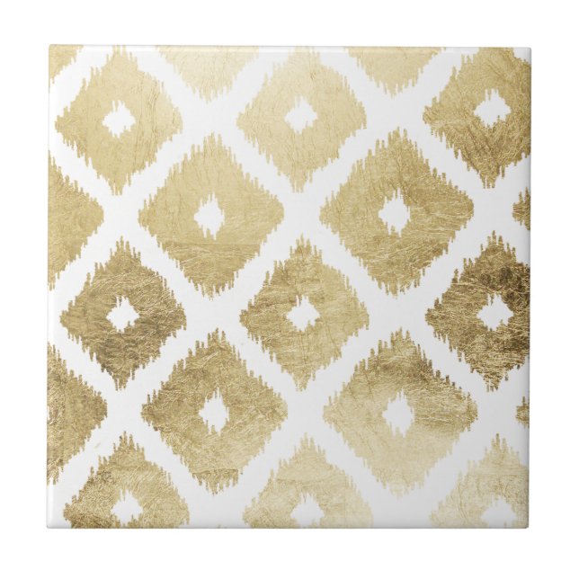 Modern chic faux gold leaf ikat pattern ceramic tile (Front)