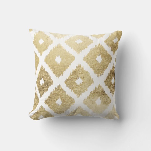 Modern chic faux gold leaf ikat pattern cushion (Front)