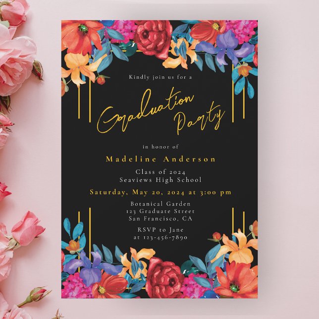 Modern Chic Fiesta Floral Graduation Party Black Invitation (Creator Uploaded)