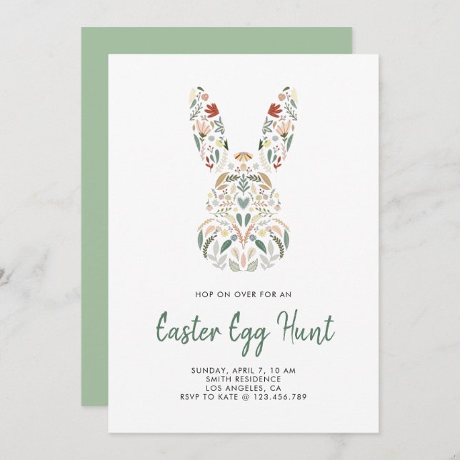 Modern Chic Floral Bunny Easter Egg Hunt Invitation (Front/Back)