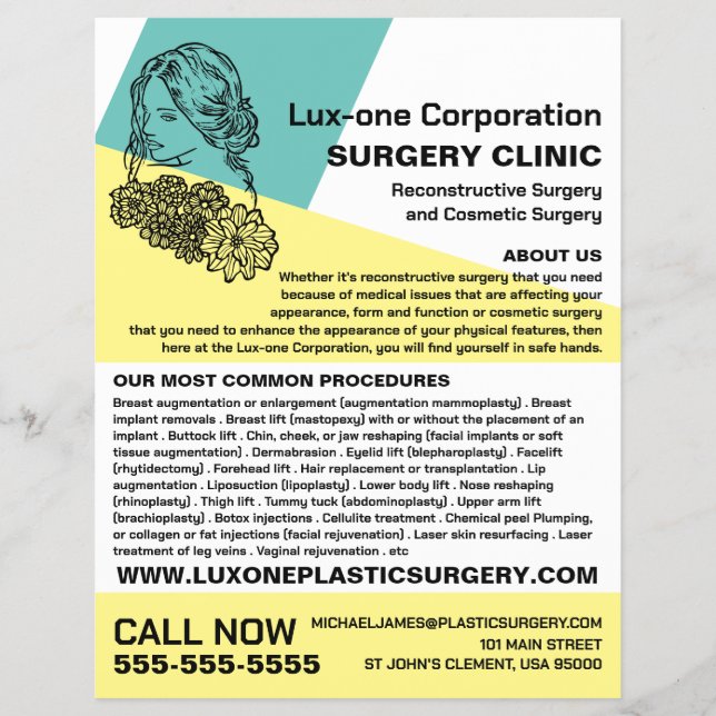 Modern Chic Floral Model, Plastic Surgeon/Surgery Flyer (Front)
