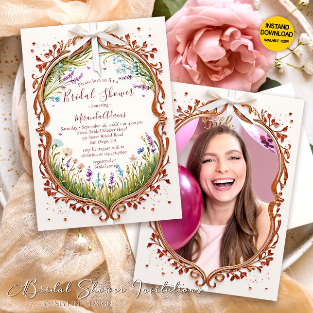 Modern Chic Frame Wild Flowers Photo Bridal Shower Invitation (Creator Uploaded)